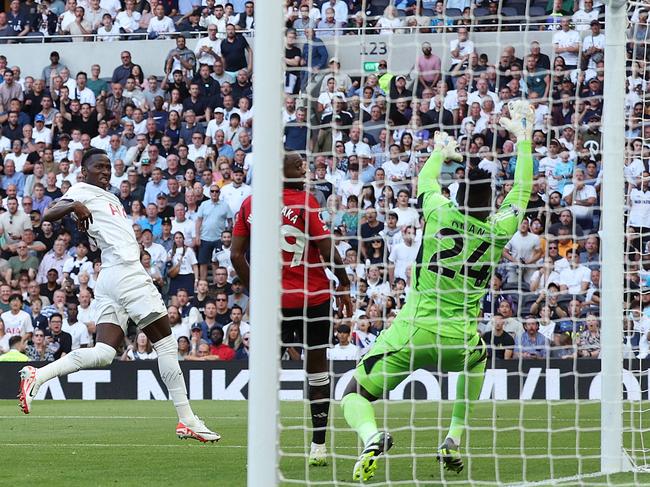 Pape Matar Sarr scores the opening goal for Tottenham. Picture: Adrian DENNIS / AFP