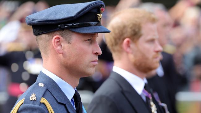 Prince Harry stood out next to his brother as they marched behind the coffin during the procession for the Lying-in State of Queen Elizabeth II. Picture: Chris Jackson/Getty Images.