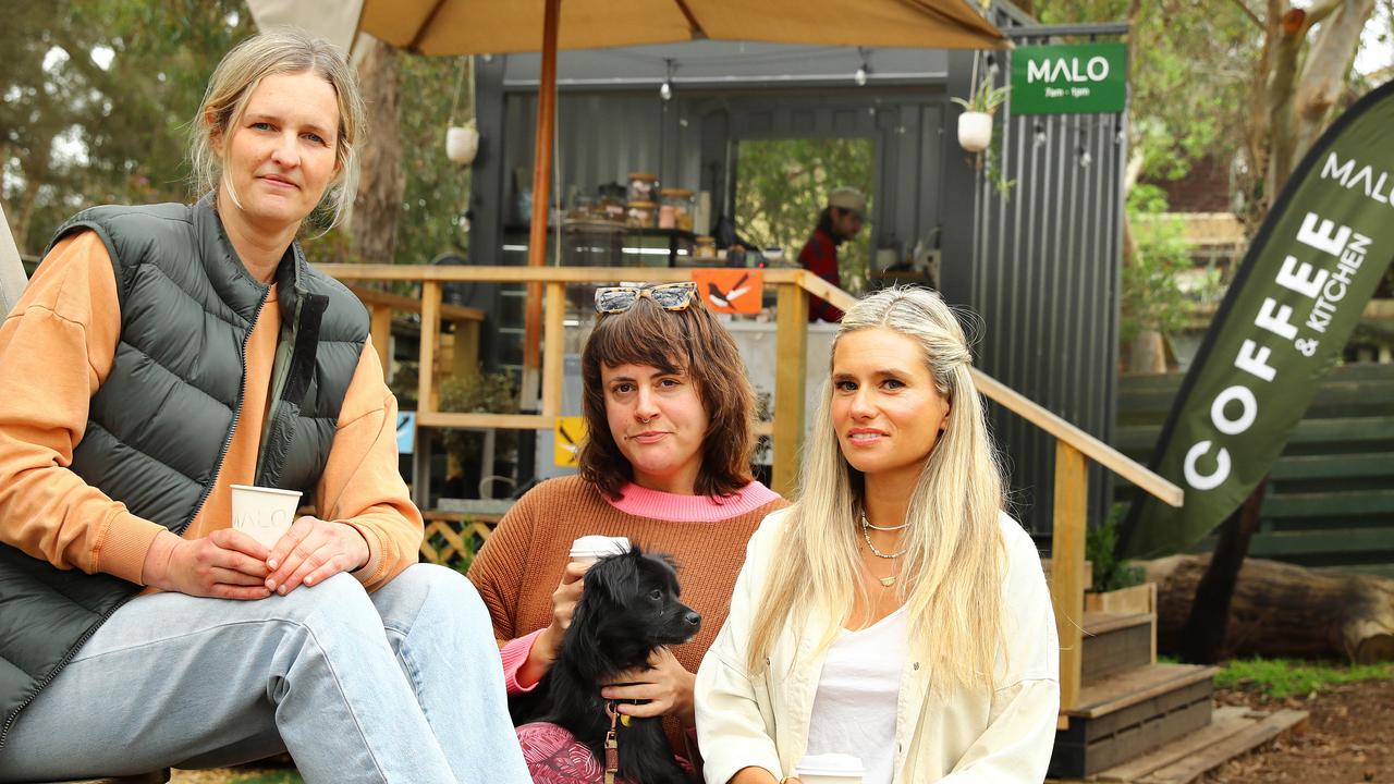 Jane Macdonald, left, Alex Sturman, holding her dog Creature, and Bree Schneider. Picture: Alison Wynd