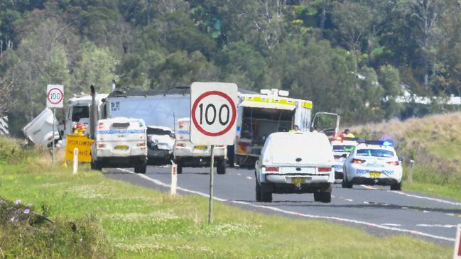 a woman was trapped in her car after colliding with a truck on the Bruxner Highway South Lismore around midday on Wednesday. Picture: Cath Piltz