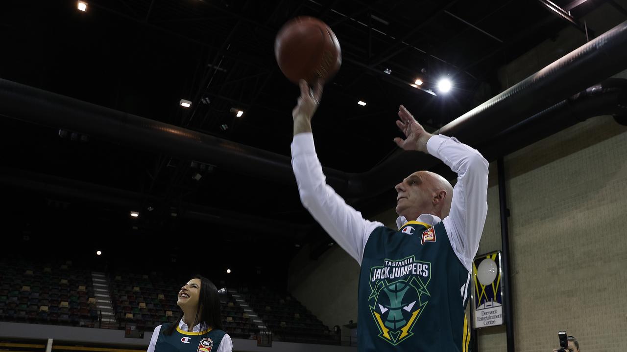 Premier Peter Gutwein plays basketball at the Derwent Entertainment Centre as it was announced that the Jack Jumpers will be the name of Tasmania's NBL team. Picture: Zak Simmonds