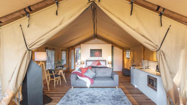 The luxe interior of one of Currajong Retreat’s safari tents. Picture: David Rogers