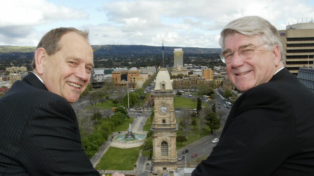 Adelaide Lord Mayor Michael Harbison with chief executive officer Dr Mal Hemmerling overlooking Victoria Square in 2003.