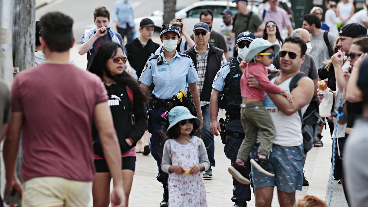 Police patrolling at Coogee on the weekend to make sure people were following public health measures. Picture: Adam Yip