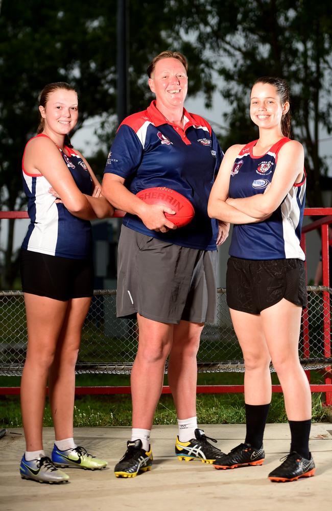 Curra Swans women's team in their second year of the Townsville AFLW Season. Jess Spurdle 12, Cath Loveday and Rebekah Gale 22