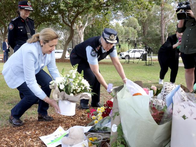 Premier Annastacia Palaszczuk and Police Commissioner Katarina Carroll lay flowers at the Bay Island Memorial Gardens. Picture: Steve Pohlner