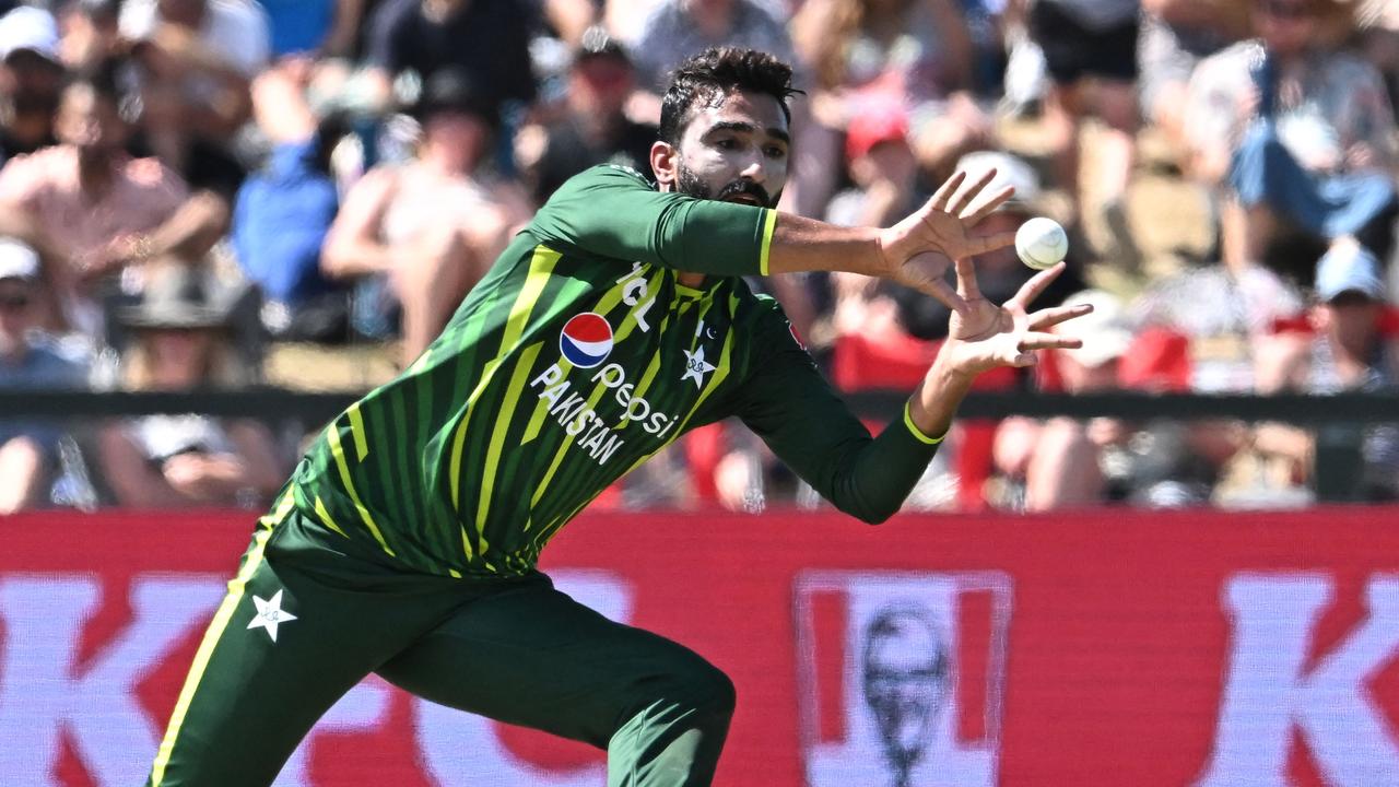 Pakistan's Usama Mir catches the ball to dismiss New Zealand's Mitchell Santner. Picture: Sanka Vidanagama / AFP