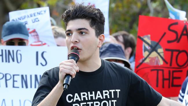 Drew Pavlou at a protest at the University of Queensland. Picture: Liam Kidston.