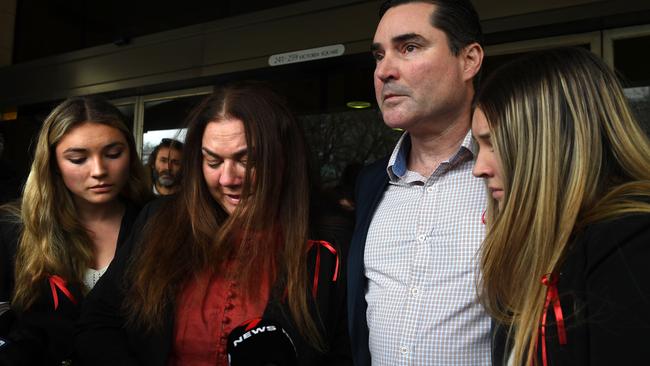 Sophia Naismith’s family speak to media outside court after the verdict. Her sister Saskia is with mother Pia Vogrin, dad Luke Naismith and sister Ursula. Picture: Tricia Watkinson