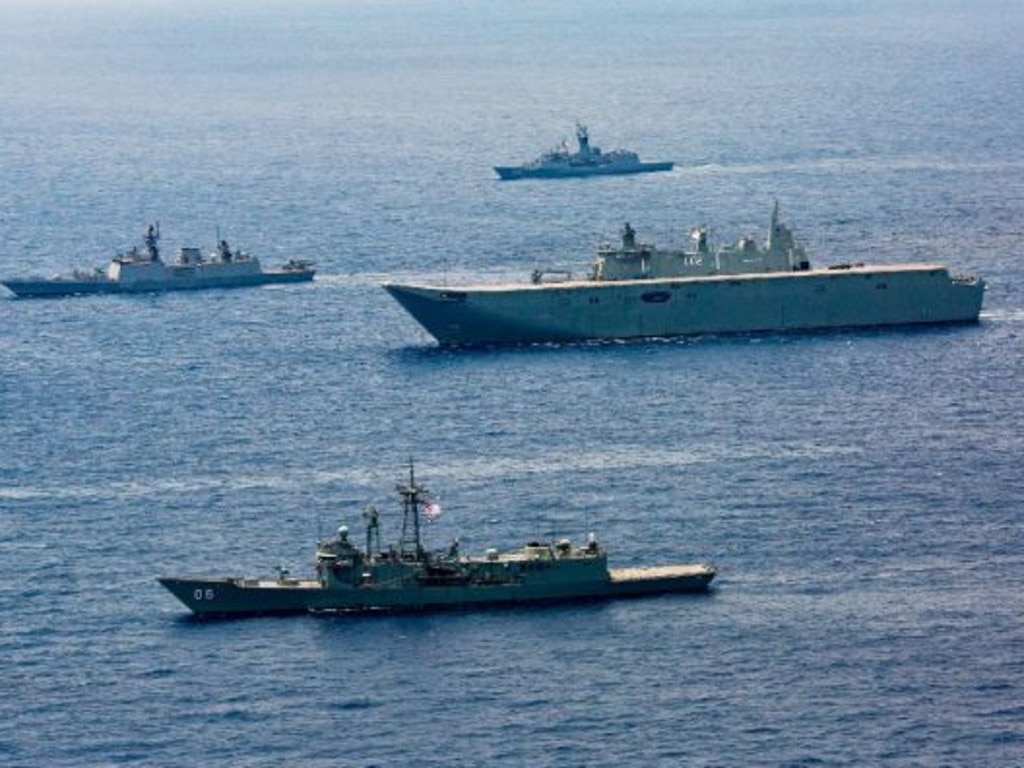 Indian and Australian warships form a joint Task Force during a bilateral naval exercise off southern India in April 2019. Picture: Defence