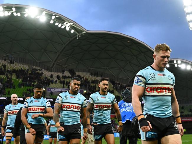 The Cronulla Sharks’ forward pack was nowhere near up to finals standard on Saturday. Picture: Quinn Rooney/Getty Images