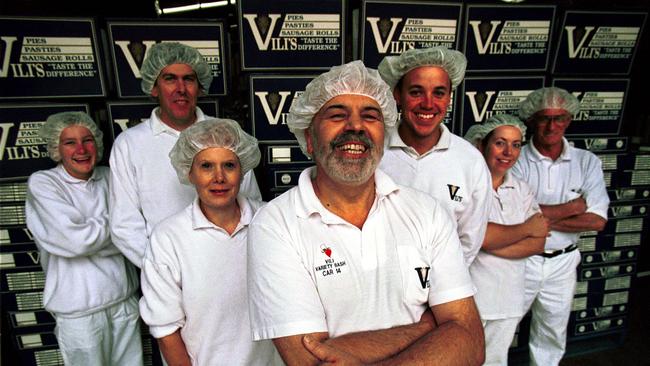 Baker Vili Milisits and his staff with boxes of pies and pasties for export in 2000.