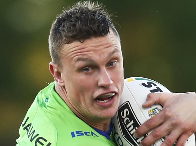 Jack Wighton of the Raiders is tackled by Kevin Naiqama of the Tigers during the Round 15 NRL match between the Wests Tigers and the Canberra Raiders at Campbelltown Stadium in Sydney, Sunday, June 17, 2018. (AAP Image/Brendon Thorne) NO ARCHIVING, EDITORIAL USE ONLY