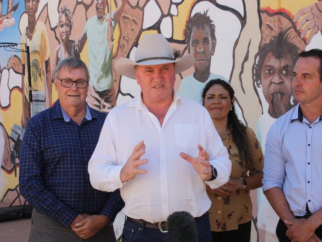 Mr Joyce, pictured on the campaign trail in Alice Springs, says his future as Nationals leader will be up to the party room. Picture: Lee Robinson