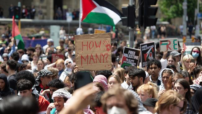 They carried Palestine flags and posters, including one that read ‘How many?’ with a red hand print. Picture: NCA Newswire / Nicki Connolly