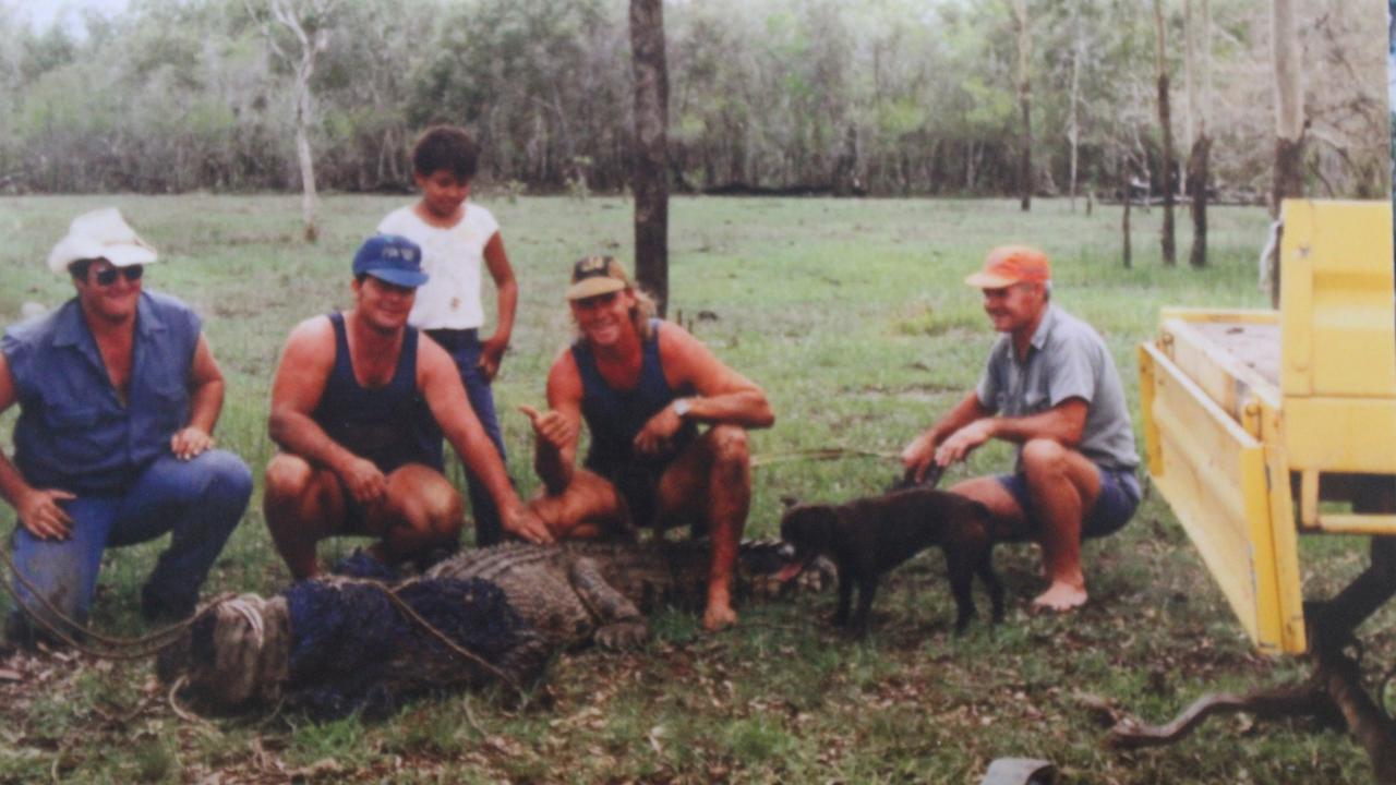 Steve (second from the right) with a croc caught on a Cattle Creek property in North Queensland where he and Bob Irwin were issued their first permits. Picture: Supplied