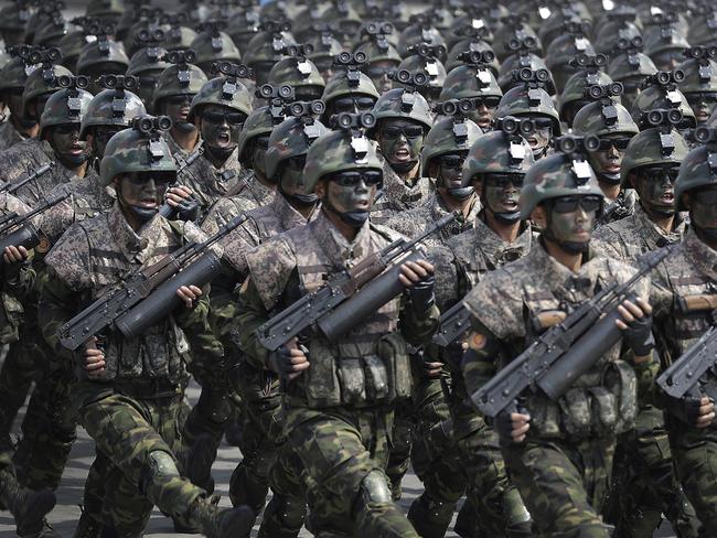 Commandoes march across the Kim Il Sung Square during a military parade in Pyongyang. Picture: AP