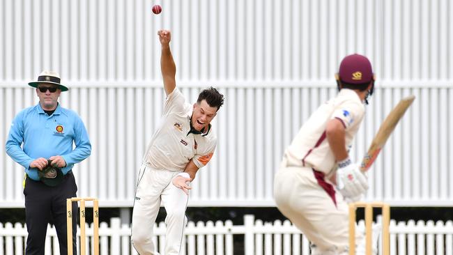 Redlands bowler James Bazley Sci-Fleet Motors club cricket competition between Toombul and Redlands Saturday October 1, 2022. Picture: John Gass