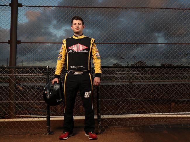 Embargoed for The Daily Telegraph, speak to picture desk before use Speedcar driver Matt Jackson at the Sydney Speedway in Granville. Picture: Jonathan Ng