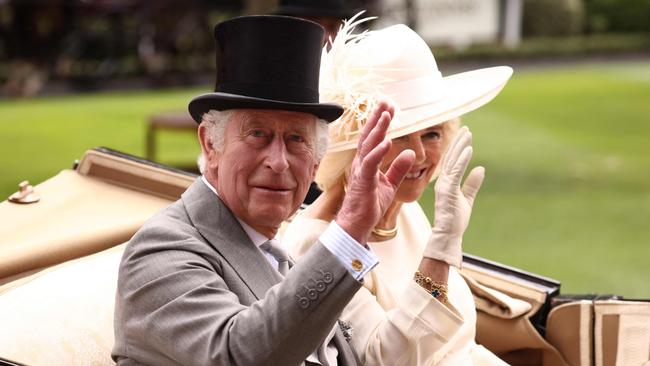 King Charles III and Queen Camilla arrive in the parade ring in a horse-drawn carriage on the final day of the Royal Ascot horse racing meeting in Ascot in June. Picture: AFP