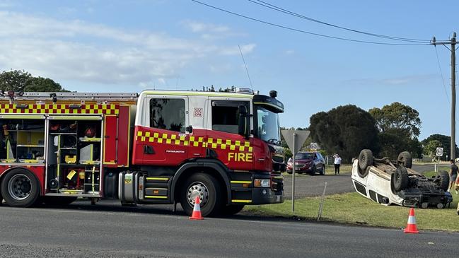 A car was overturned in a two-vehicle collision on Hood Rd, Portarlington on Tuesday evening.