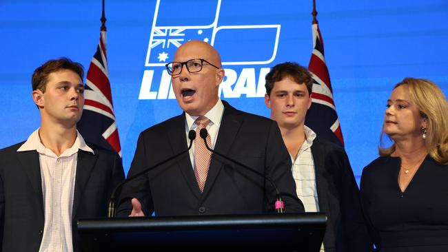 Mr Dutton was hugged by his two boys Harry and Tom and flanked by his wife Kirrilly. Picture: Adam Head / NewsWire