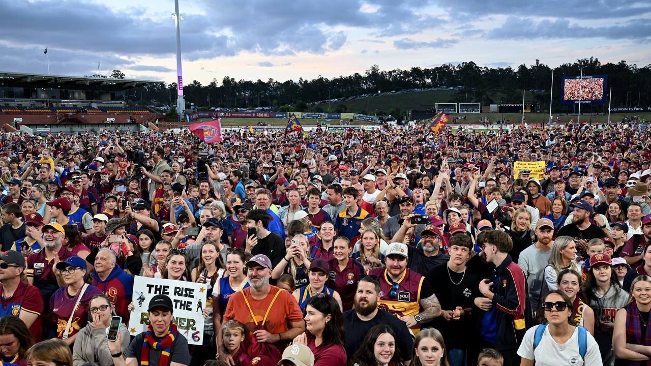 IPSWICH, AUSTRALIA - SEPTEMBER 29: A general view of the crowd of fans is seen at Brighton Homes Arena, on September 29, 2024, in Ipswich, Australia. The Brisbane Lions won the 2024 AFL Grand Final yesterday beating Sydney Swans at the MCG. (Photo by Bradley Kanaris/Getty Images)