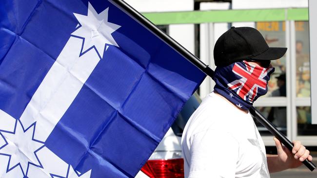 Reclaim Australia protester during a rally by anti racism protesters against the newly formed anti-Muslim Reclaim Australia at Federation Square on Saturday, April 4, 2015 in Melbourne, Australia. Picture: Hamish Blair