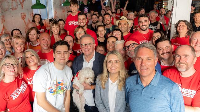 Labor supporters rally around Anthony Albanese, partner Jodie Haydon, son Nathan and Richard Marles in St Peters on Sunday. Picture: PMO via NewsWire