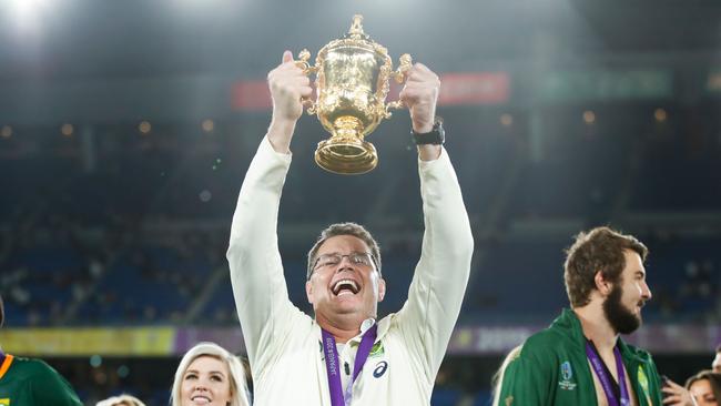 South Africa's head coach Rassie Erasmus lifts the Webb Ellis Cup as the Springboks celebrate their World Cup final win over England. Picture: AFP