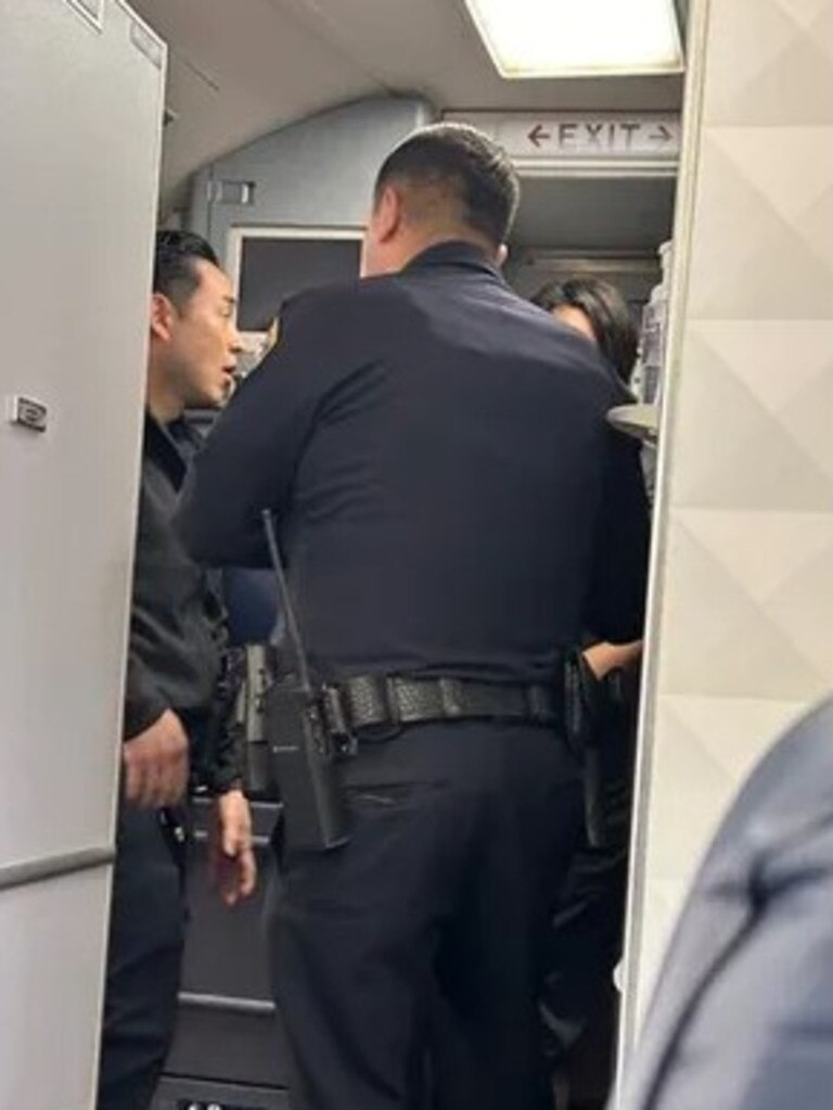 Law enforcement came aboard the Delta Air Lines flight and removed the passenger. Picture: Gillian Sheldon via Twitter