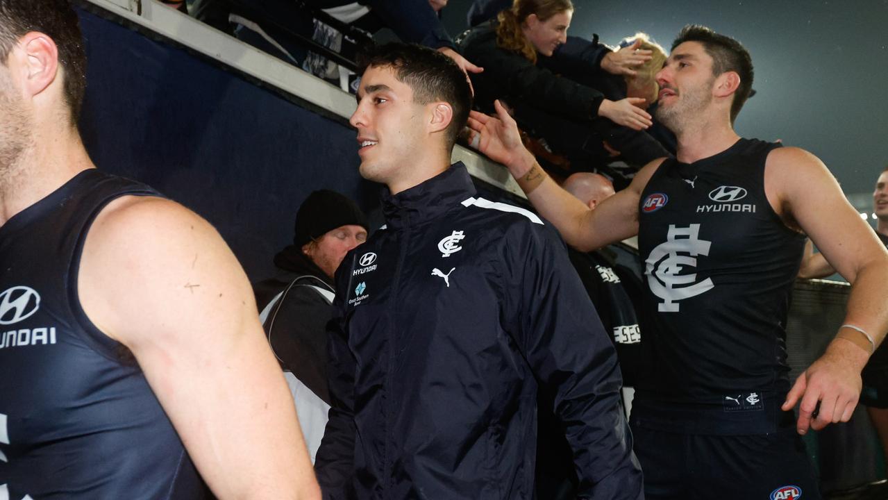 Carlton midfielder Adam Cerra was subbed off with another hamstring injury during the Blues’ one-point win over Melbourne at the MCG. Picture: Dylan Burns / Getty Images