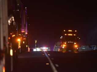 A cattle truck has rolled and caught fire on the Warrego Highway at Muckadilla. Picture: Jorja McDonnell