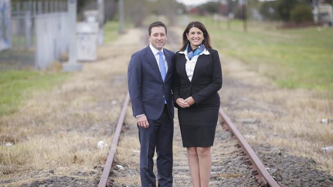 State opposition leader Matthew Guy with local the Liberal candidate for Cranbourne Ann-Marie Hermans. Mr Guy has promised to extend the Cranbourne train line to Clyde North. Picture: Wayne Taylor.