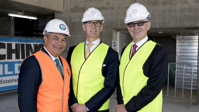 Gold Coast Mayor Tom Tate, The Ralan Group managing director William O’Dwyer and General Manager of Paradise Resort David Brook at the Ruby development. Picture: Jerad Williams