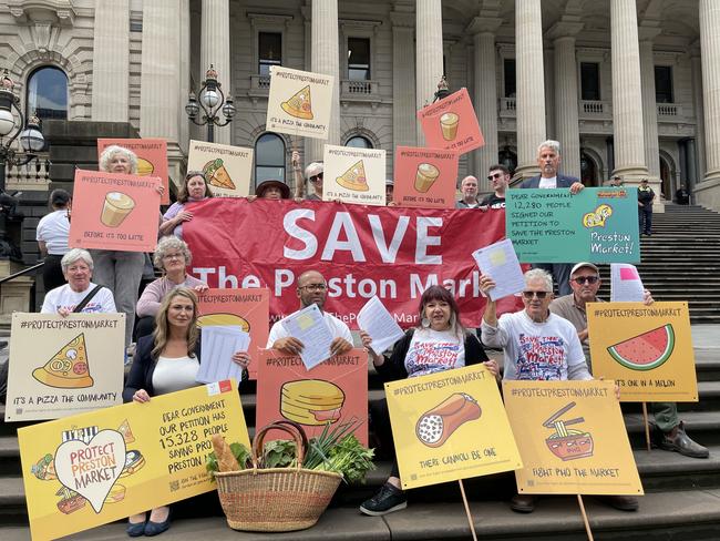 Save Preston Market campaigners on the steps of Victorian Parliament.