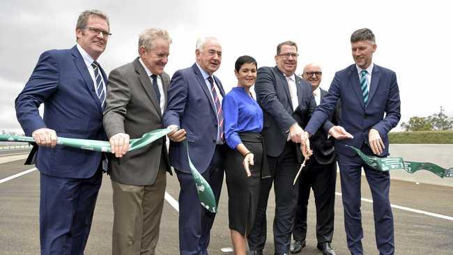 Opening of a western section of the Toowoomba Second Range Crossing are (from left) Groom MP Dr John McVeigh, former Groom MP Ian Macfarlane, TRC Mayor Paul Antonio, LVRC Mayor Tanya Milligan, Wright MP Scott Buchholz, Nexus Infrastructure Consortium chairman John Witheriff and state Transport Minister Mark Bailey, Saturday, December 8, 2018. Picture: Kevin Farmer