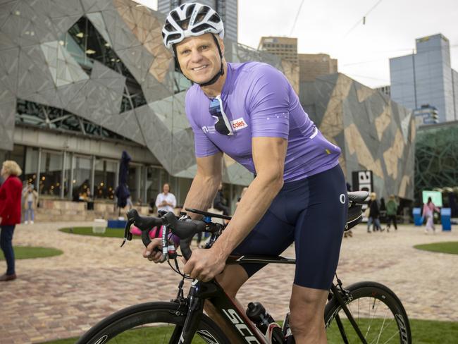 Nick Riewoldt halfway through their fundraising ride #rideformaddie at Federation Square earlier this year. The ride raised money for Maddie Riewoldt’s Vision, a foundation set up in honour of his sister Maddie, who died in 2015. Picture: Wayne Taylor