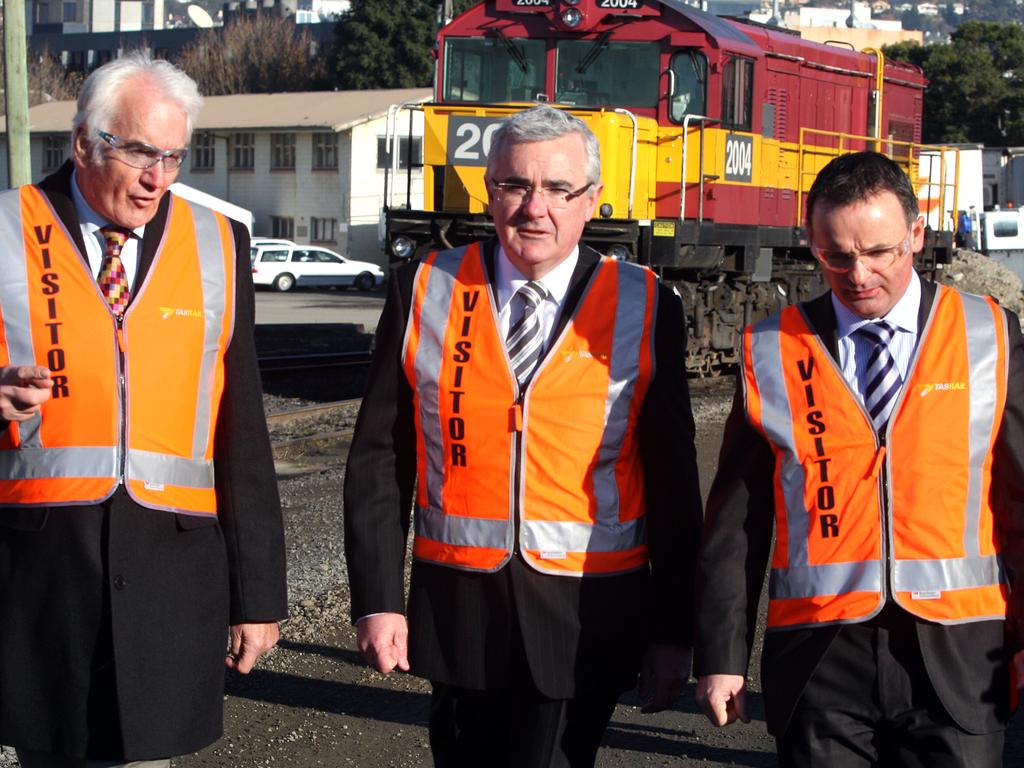 At the formal announcement of funding for the development of Macquarie Point in 2012: then Hobart Lord Mayor Damon Thomas, independent MP Andrew Wilkie and then state infrastructure Minister David O'Byrne.