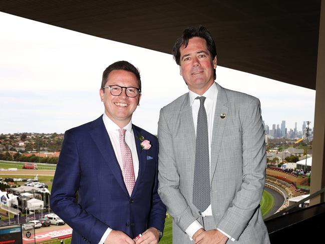 MELBOURNE, OCTOBER 28, 2023: Ladbrokes Cox Plate Day at The Valley, Moon Valley. Anthony Carbines MP, Gillon McLachlan. Picture: Mark Stewart