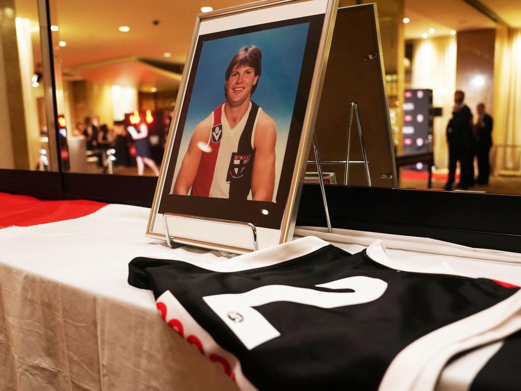 A tribute to former St. Kilda Saints player Danny Frawley is seen during the 2019 Trevor Barker Award presentation at Crown Palladium in Melbourne, Wednesday, September 11, 2019. Picture: Michael Dodge/AAP