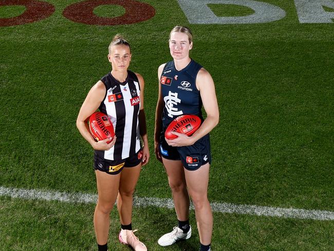 MELBOURNE, AUSTRALIA - MAY 06: (L-R) Ruby Schleicher of the Magpies and Breann Harrington of the Blues pose during the AFLW Media Opportunity announcing 100 days to go to the 2025 NAB AFLW season at Ikon Park on May 06, 2025 in Melbourne, Australia. (Photo by Michael Willson/AFL Photos via Getty Images)