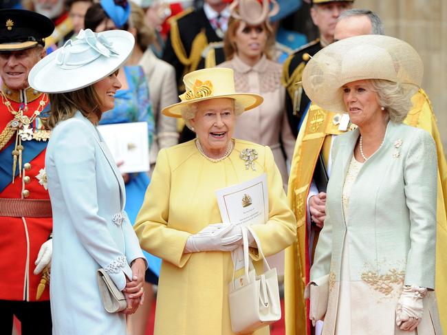 The late Queen Elizabeth, Carole Middleton (L) and the now Queen Camilla following the 2011 wedding ceremony of Prince William and Princess Catherine. Picture: AFP