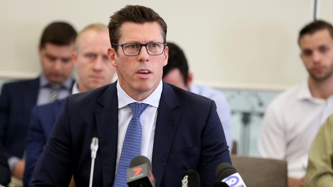 Adelaide Football Club CEO Andrew Fagan appears before a state parliamentary committee into the $42 million loan from the Marshall Liberal Government to develop a private hotel at Adelaide Oval in Adelaide, Tuesday, March 5, 2019. Picture: AAP Image/Kelly Barnes.