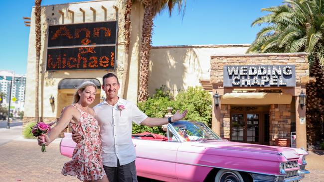 Ann Wason Moore and Michael Moore renew their wedding vows at the Viva Las Vegas Weddings chapel, part of the world famous Little White Wedding Chapel.
