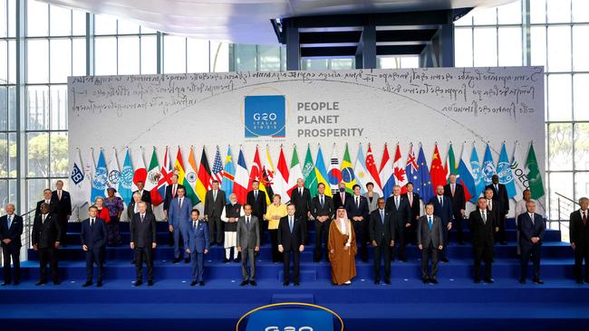 World leaders gather for the official family photograph on day one of the G20 summit. Picture: AFP