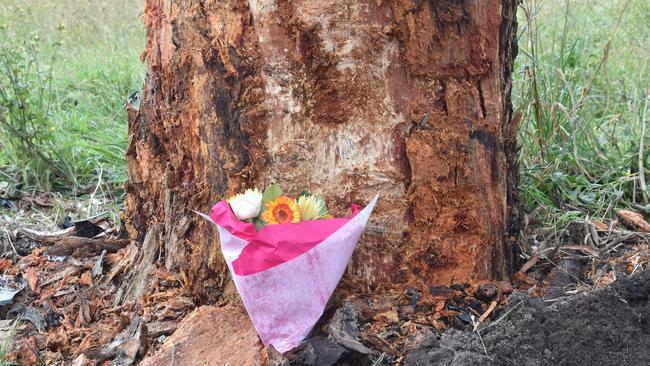 Flowers left at the scene of a fatal accident at Peweena Rd, Mingbool. Picture: Jessica Dempster