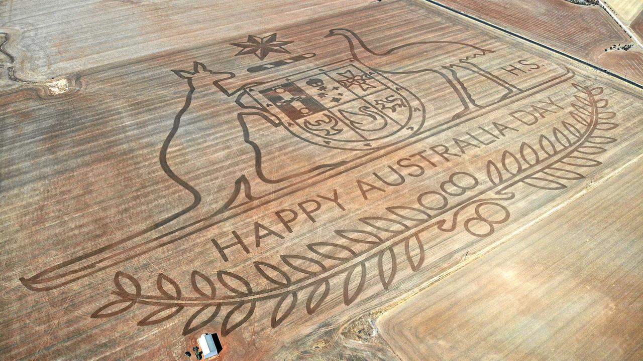 This year, Schuster mowed an Australian coat of arms into his Freeling paddock. Picture: Harry Schuster