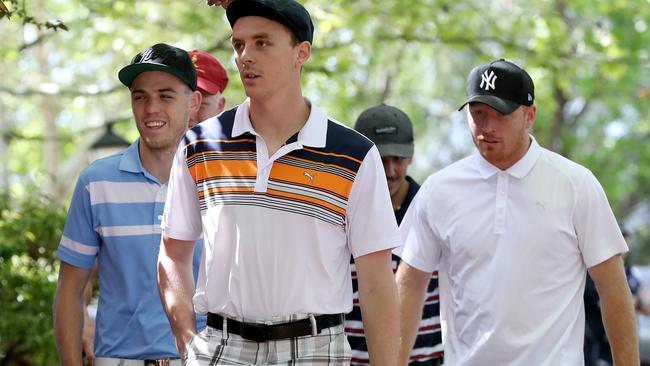 Paul Seedsman, Jake Lever and Kyle Cheney arrive for the end of season lunch. Picture: Calum Robertson