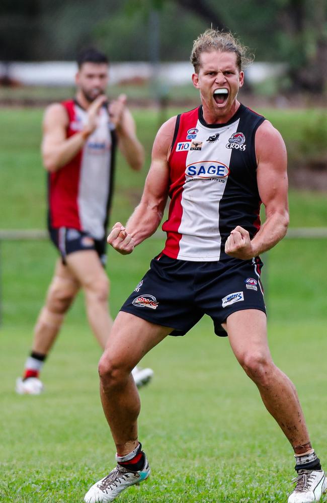 Southern Districts' Jed Anderson celebrates as his side beats the Darwin Buffaloes in Round 13 of the 2023-24 NTFL season. Picture: Celina Whan / AFLNT Media